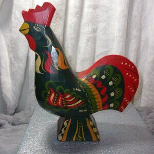 H-398 VINTAGE WOODEN HAND PAINTED FOLK ART ROOSTER